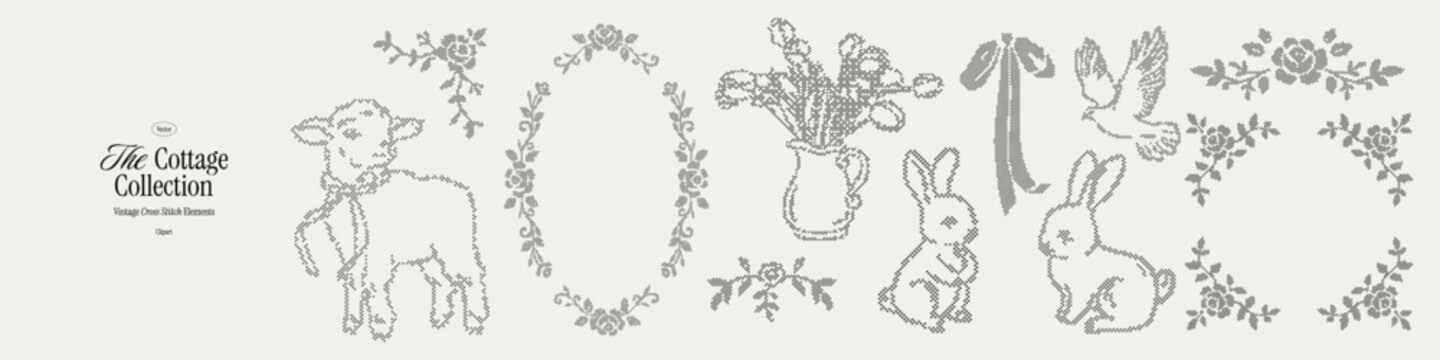 Vintage cottagecore cross stitch animal collection, whimsy floral frames. Charming lamb, rabbits, dove, bouquet and ribbon motifs for wedding crafts and rustic decor. Cute pixel embroidery clipart.