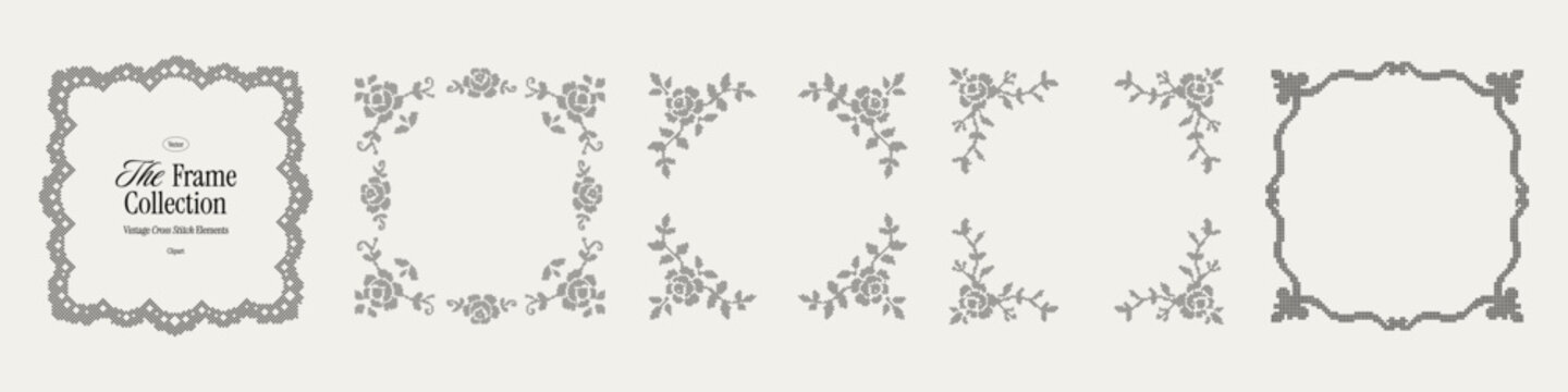 Whimsical square cross stitch frame collection, floral corner borders. Ornate embroidered labels and decorative frames for wedding invitations, birthday cards, certificates and stationery.