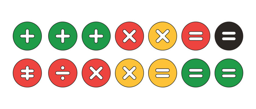 Colorful plus equal multiply and division math symbols on transparent background flat vector illustration.