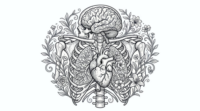 Anatomical human torso with brain heart and lungs among flowers