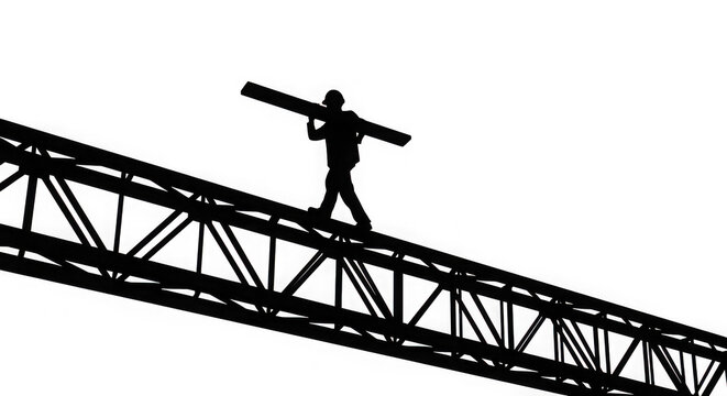 Silhouette of a construction worker carrying a beam on a truss isolated on transparent background