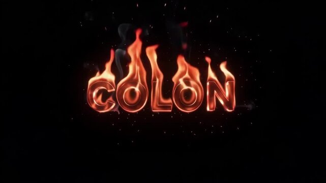 Colon word typography glowing with intense orange flames and rising grey smoke particles in a dynamic motion video sequence set against a pitch black background to create an energetic visual effect fo