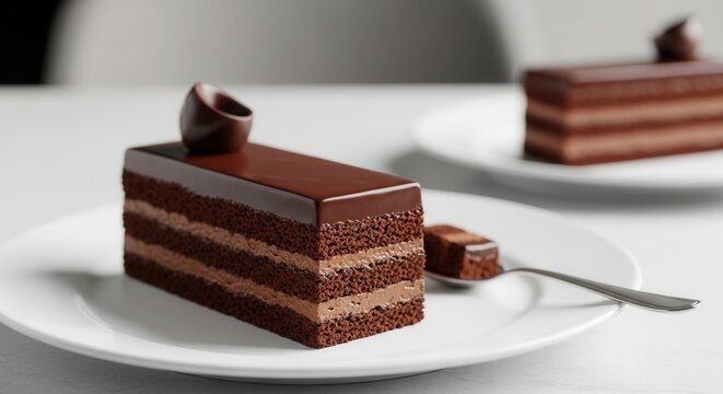 Chocolate layer cake served on a white plate with a fork. Image represents restaurant dessert, indulgence and fine pastry