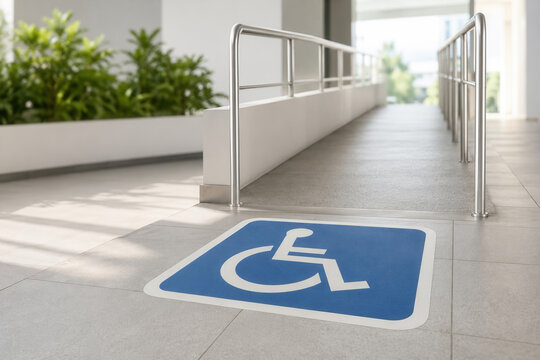 Wheelchair accessibility sign on a ramp near a public building. Image represents inclusive design and barrier-free access.