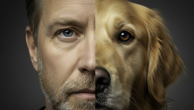 Middle age man dog split face close up portrait human animal eye face fur, serious expression with golden retriever canine side against dark studio background