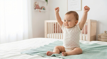 Naklejka premium Happy baby stretching arms up while sitting on a bed in a bright nursery. Waking up in the morning on a green blanket with a wooden crib in the background