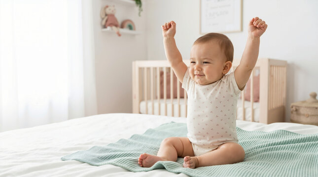 Happy baby stretching arms up while sitting on a bed in a bright nursery. Waking up in the morning on a green blanket with a wooden crib in the background