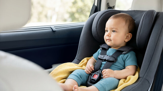 Baby secured in a dark grey car seat with a safety harness. Infant passenger wearing a blue outfit and yellow blanket looking out the vehicle window during a road trip