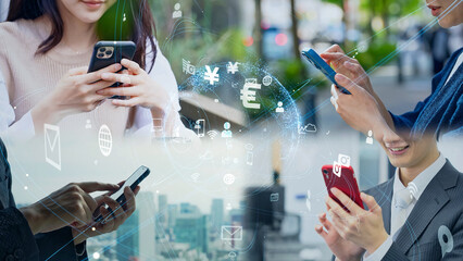 スマホを使う人々と通信ネットワーク © metamorworks