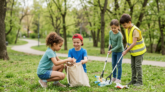 Group of children volunteering to clean up trash in a park. Kids using grabbers and bags to collect plastic litter on green grass