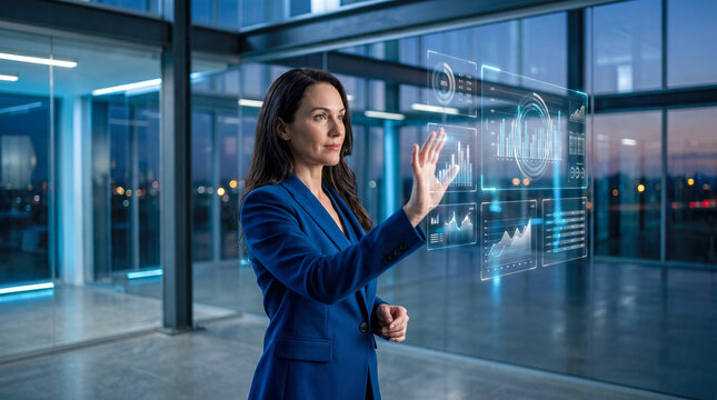 Beautiful confident corporate businesswoman touching interactive glowing holographic financial data dashboard modern glass office augmented reality business management futuristic technology concept