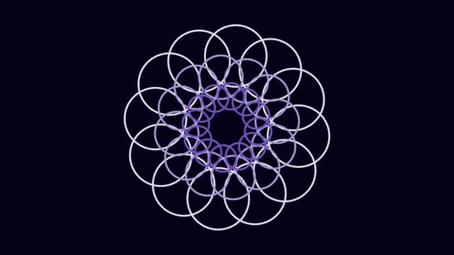 Abstract mandala geometric pattern with white and purple lines on dark background
