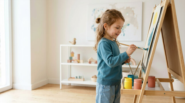 Young girl painting on a wooden easel indoors. Little child holding a brush and creating art with colorful paints. Creative childhood activity concept