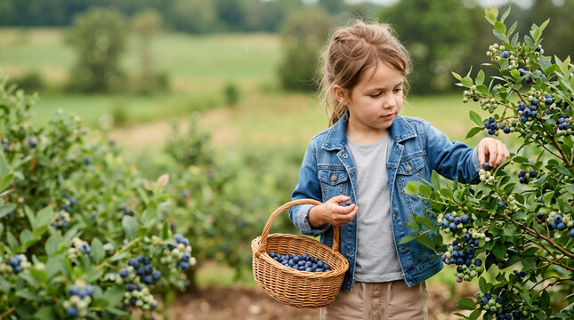 Young girl picking fresh blueberries from a bush. Child holding a woven basket filled with berries in a farm field. Summer harvest and agriculture concept