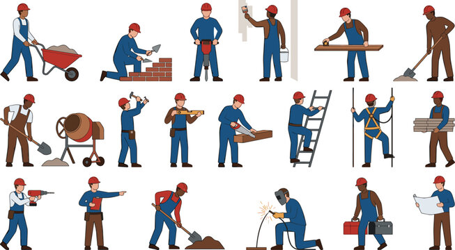 Diverse construction workers character set with hardhats including carpenters welders bricklayers and painters isolated on white background for architecture infographics banner web