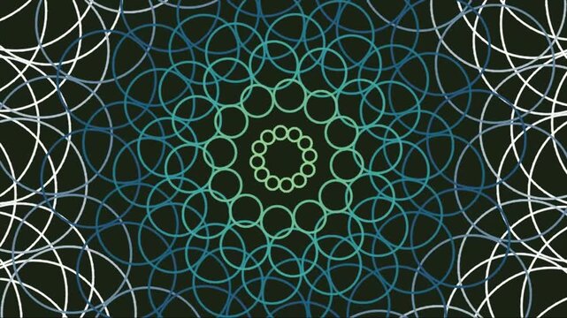 Abstract geometric kaleidoscope pattern with green and teal glowing lines
