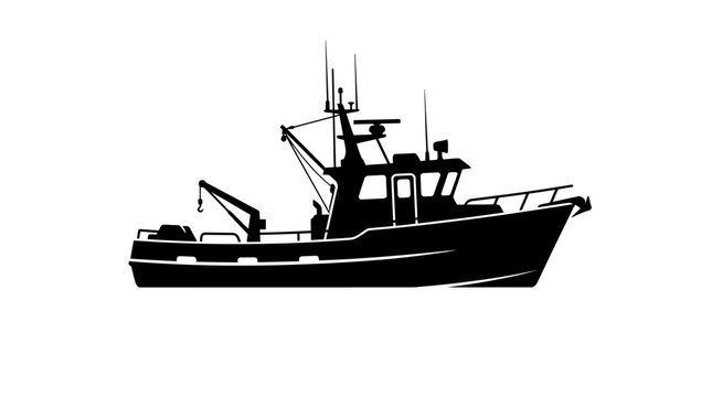 Commercial Fishing Trawler Boat Silhouette Vector Illustration for Marine Industry and Ocean Fishing Concepts