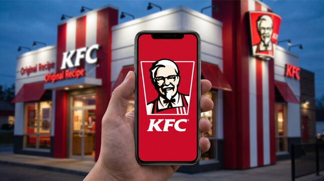 Hand holding a smartphone with the KFC mobile app on the screen. Blurred KFC restaurant building with lights in the background at dusk. Fast food ordering and digital delivery concept stock image.