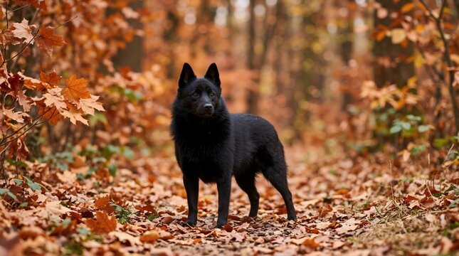 Black Schipperke dog standing on a path covered in orange autumn leaves. Purebred canine in a fall forest. Seasonal woodland nature walk