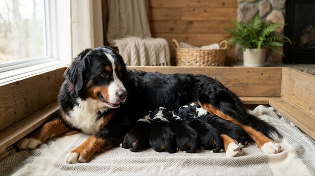 Bernese Mountain Dog nursing a litter of newborn puppies in a wooden whelping box. Mother dog feeding her young indoors. Maternal care and breeding concept