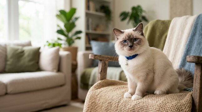 Birman cat wearing a blue bell safety collar sitting on a chair. Fluffy purebred feline with blue eyes indoors. Cozy living room interior