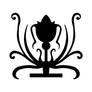A bold black silhouette illustration featuring a stylized floral emblem with symmetrical, curling tendrils and a central bud‑like form