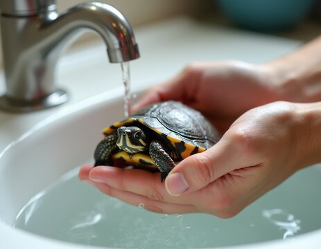 Person cleans small pet turtle in sink under running water. Care for reptile pet is gentle and safe. Turtle enjoys fresh water bath in bright bathroom.
