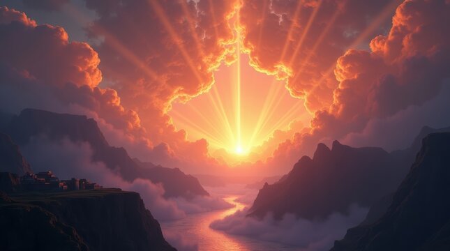 Beautiful orange sunset with bright sun rays shining over dark mountains and a misty river below