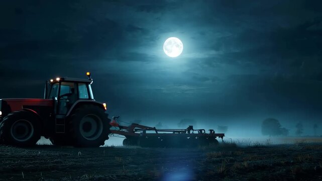 Tractor with front lights illuminating a misty field under a glowing full moon at night