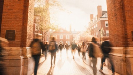 Obraz premium College students walking through historic brick university archway with motion blur effect and bright sunlight flare for higher education recruitment and student life marketing