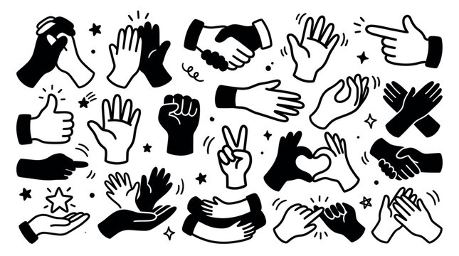 Diverse black and white hand gestures and interactions form a seamless pattern on a clean white background, conveying various emotions and actions