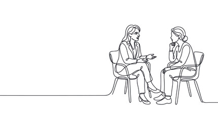 Obraz premium Two women sitting, talking, and listening in a continuous line art drawing style on a clean white background