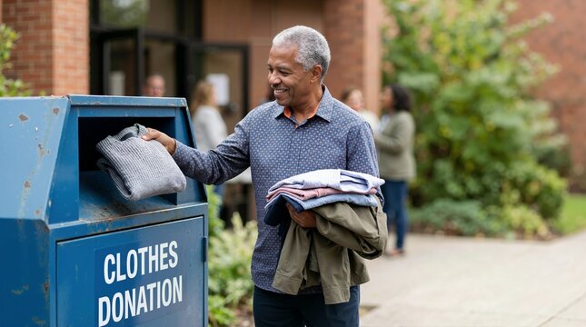 Senior African American man donating clothes to charity. Elderly black male putting sweater in donation bin outdoors