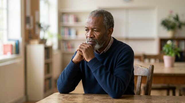 Worried senior African American man sitting at a table. Pensive elderly black male looking concerned indoors