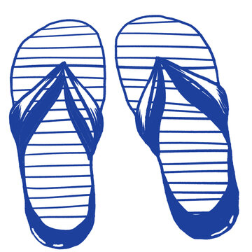 Hand Drawn Flip Flops Line Art Illustration, Summer Beach Sandals Sketch, Tropical Vacation Footwear Clipart Isolated on Transparent Background