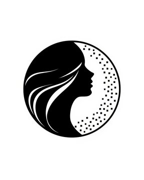 Black and white silhouette of a woman profile inside a round circle icon design