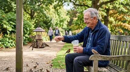Fototapeta premium Caucasian senior man feeding birds in a park. Smiling elderly man sitting on a wooden bench with sparrows and a bird feeder. Connection with nature and retirement hobby concept