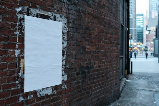 Vertical blank white poster mockup glued on red brick wall in city alley. Weathered urban street advertisement template for guerilla marketing.