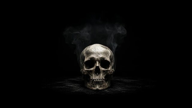 Cinematic slow zoom on a highly detailed human skull surrounded by billowing smoke against a dark background