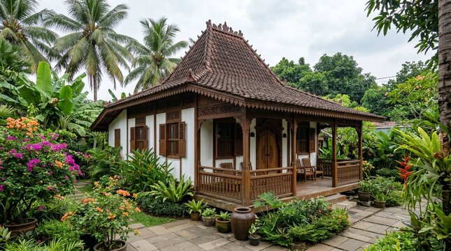 Traditional Indonesian joglo-influenced rumah adat with ornate carved wooden facade and sloped clay tile roof surrounded by lush tropical garden with bougainvillea