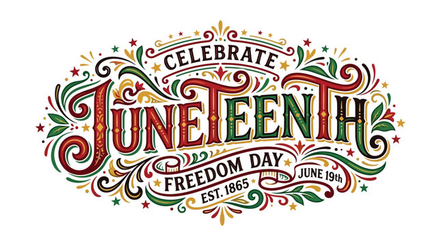 Vibrant Juneteenth Freedom Day Celebratory Illustration with Colorful Text and Ornaments