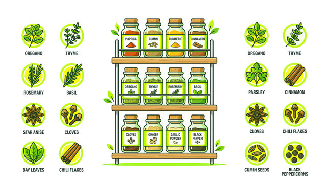 Kitchen spice rack with assorted herbs and seasoning jars