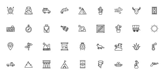Desert icon set. Minimal vector icons pack. Includes symbols for cactus, pyramid, dunes, sun, compass, skull, bug, chameleon, wind, tent, car, handgun and more. Editable vector stroke. © wang