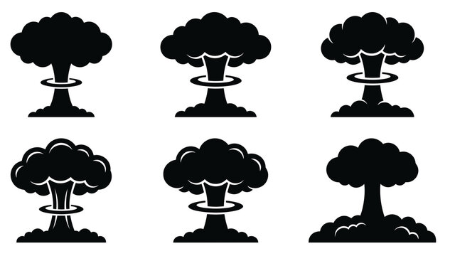 Black silhouette mushroom cloud vector set showing nuclear explosion shapes for military hazard and atomic weapon danger graphic designs