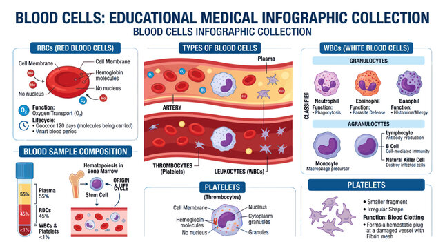 Human blood cell types and composition educational medical infographic