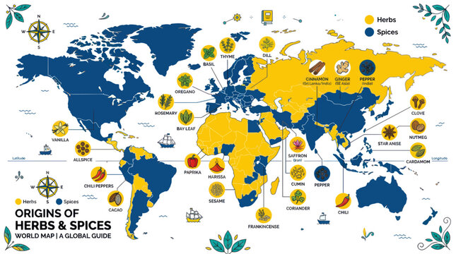 Infographic world map featuring global origins of herbs and spices
