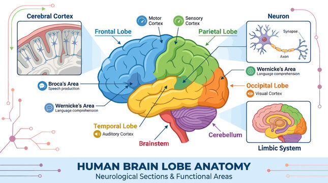 Human brain anatomy infographic with lobe functions and sections