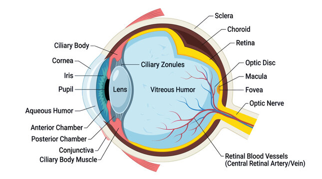Anatomical diagram of the human eye with detailed labels