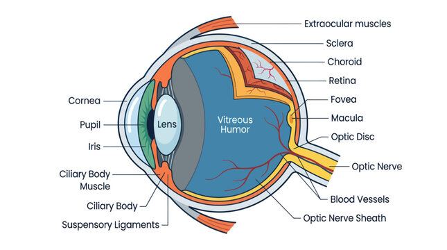 Human eye anatomy diagram with labeled internal parts