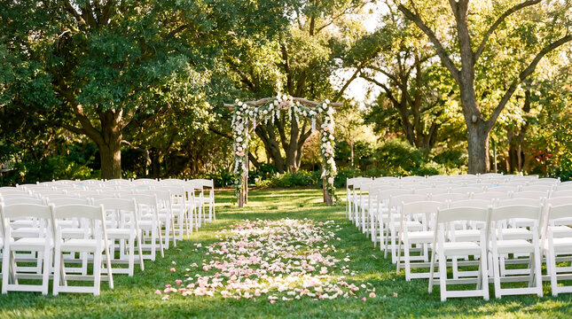 Outdoor wedding ceremony setup with white chairs and flower arch in a garden